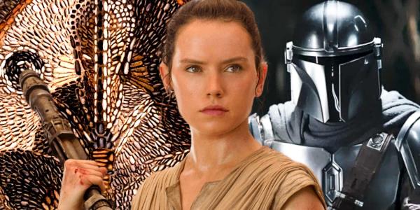 Prime Jedi mosaic from Star Wars: The Last Jedi, Rey from Star Wars: The Force Awakens, and Din Djarin from The Mandalorian.