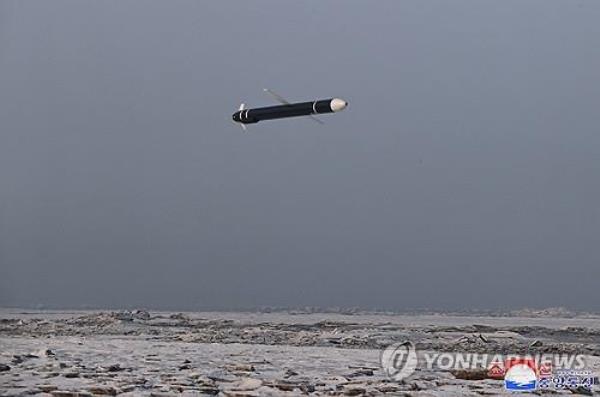 This photo, released by the North's official Korean Central News Agency on Jan. 31, 2024, shows the North carrying out a strategic cruise missile drill of the