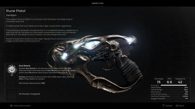 The Rune Pistol menu in Remnant 2.