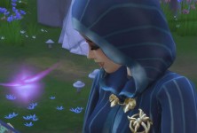 An image split in two. A female Sim stands in front of the U-Brite statue, an arrow points at a bundle of light at her feet. On the right, a pop-up inviting the Sim to join the secret society is shown.