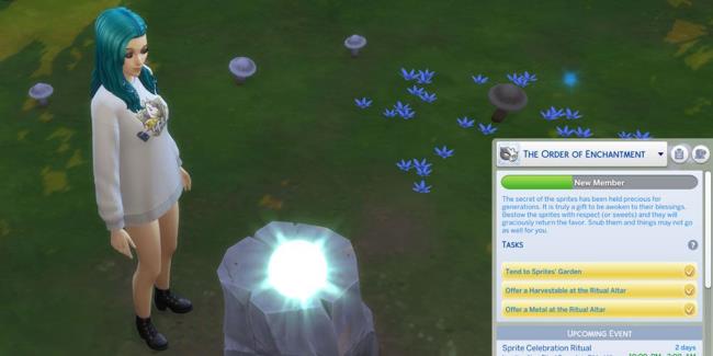 An image split in two. On the left, a Britechester street in the Sims 4 is showing, there is an arrow pointing north on top, slightly tilted east. On the right, there is a sunkissed clearing with flowers and mushrooms. A single rocky formation stands in the middle.