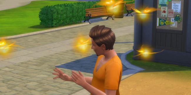 A male Sim is pestered by yellowish orange Sprites in The Sims 4.