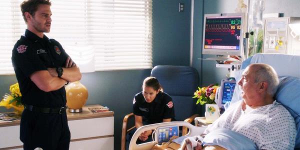 Grey Damon as Jack Gibson, Jaina Lee Ortiz as Andy Herrera, and Miguel Sandoval as Pruitt Herrera in Station 19 season 1 episode 1