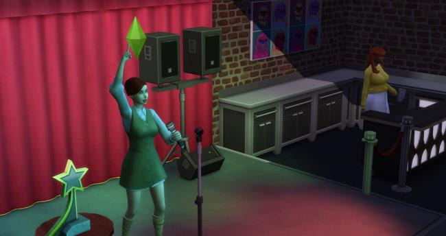 a sim on stage doing a comedy routine with the bartender in back sims 4 entertainer career comedian