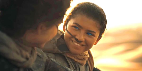 Zendaya as Chani smiling during a romantic momen with Paul in Dune 2