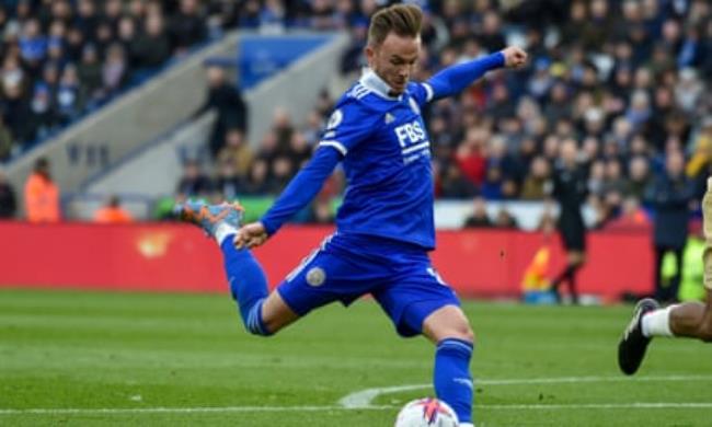 James Maddison shoots at goal for Leicester last season