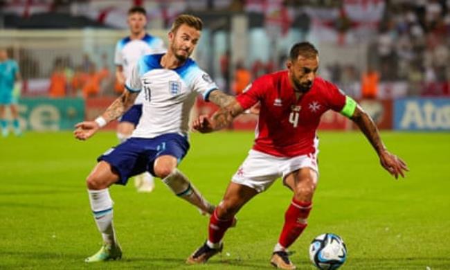 James Maddison battles for the ball against Malta’s Steve Borg during England’s Euro 2024 qualifier against Malta in June.