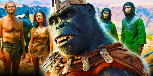 Collage of the original Planet of the Apes characters and characters from the new movie