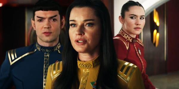 Ethan Peck as Spock, Rebecca Romijn as Una and Christina Chong as La'an