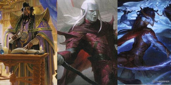 A collage of three artworks of sorcerers. One is a human, one is an elf, and one is a dragonborn.