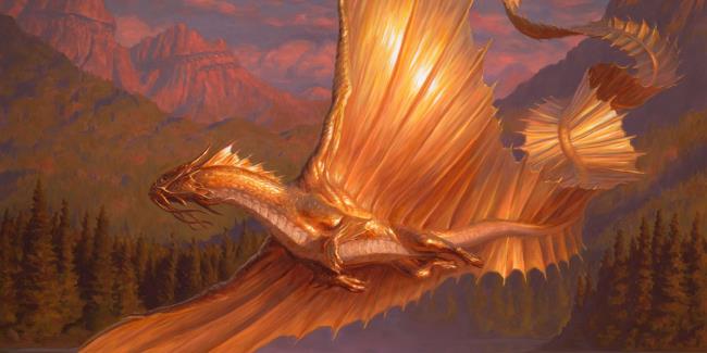 adult gold dragon by Chris Rahn adult gold dragon flying through the air over a forest and lake