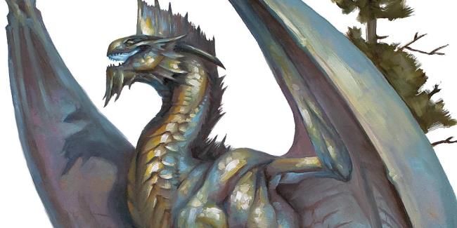 A silver dragon opens its maw as it stands by a tree