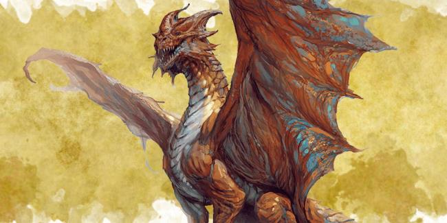 A copper dragon looks toward the viewer as it has its maw open