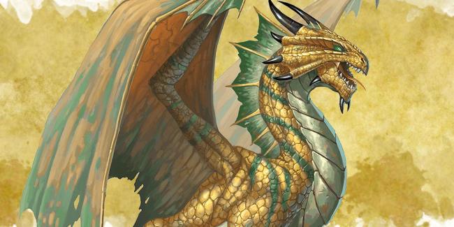 A green-eyed brass dragon growls 