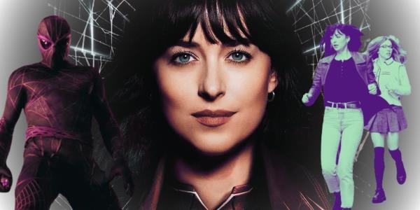 A collage of characters from Madame Web including Dakota Johnson as Cassie