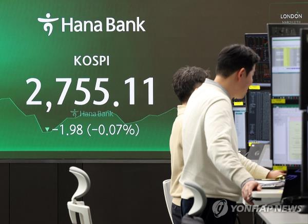 A screen at a dealing room of Hana Bank in central shows the Korea Composite Stock Price Index on March 27, 2024.