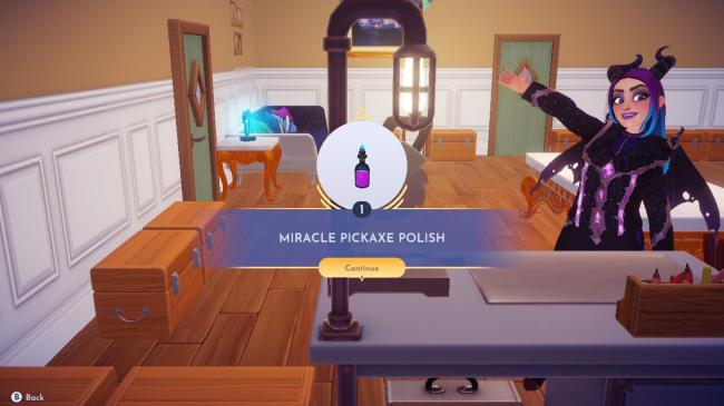 Disney Dreamlight Valley avatar standing at crafting station showing off an elixir of Miracle Picaxe Polish.