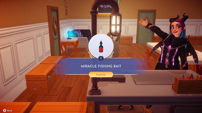 Disney Dreamlight Valley avatar at a crafting station, showing off an elixir of Miracle Fishing Bait