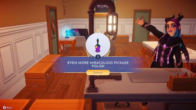 Disney Dreamlight Valley avatar at a crafting table showing off an elixir of Even More Miraculous Pickaxe Polish.