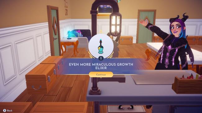 Disney Dreamlight Valley avatar at a crafting bench showing the finished result for crafting an Even More Miraculous Growth Elixir