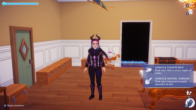 Disney Dreamlight Valley avatar in a house with boosts from elixirs showing details in the lower right-hand corner of the picture.