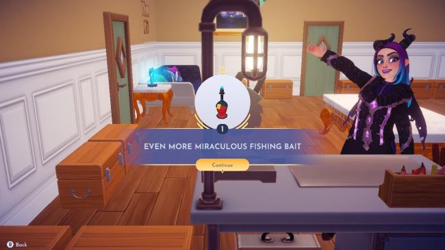 Disney Dreamlight Valley avatar at a crafting table showing off a completed Even More Miraculous Fishing Bait elixir.