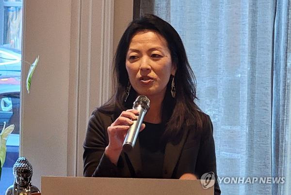 This photo, taken on March 13, shows U.S. Senior Official for North Korea Jung Pak speaking during a celebration of the retirement of her predecessor, Sung Kim, in Washington. (Yonhap)