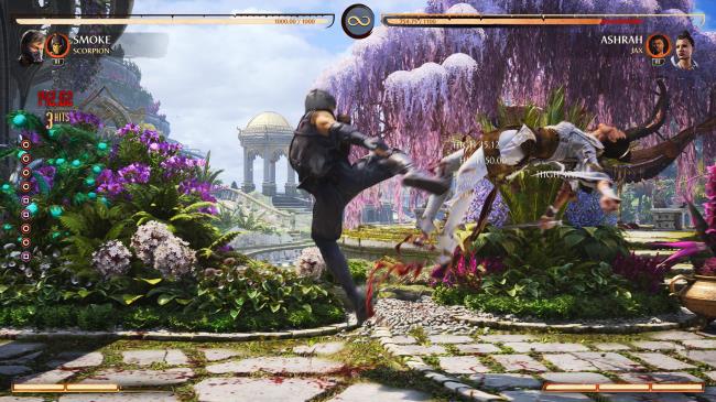 Smoke sending Ashrah flying away with a flying kick.