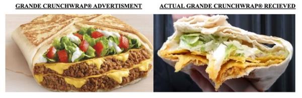 A Taco Bell advertisement compared to a customer-provided photo of the same item.