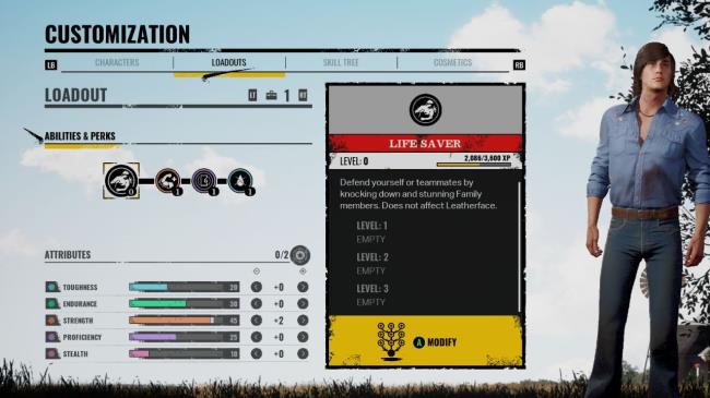 Leland's loadout showing currently equipped Perks and changes made to his stats.